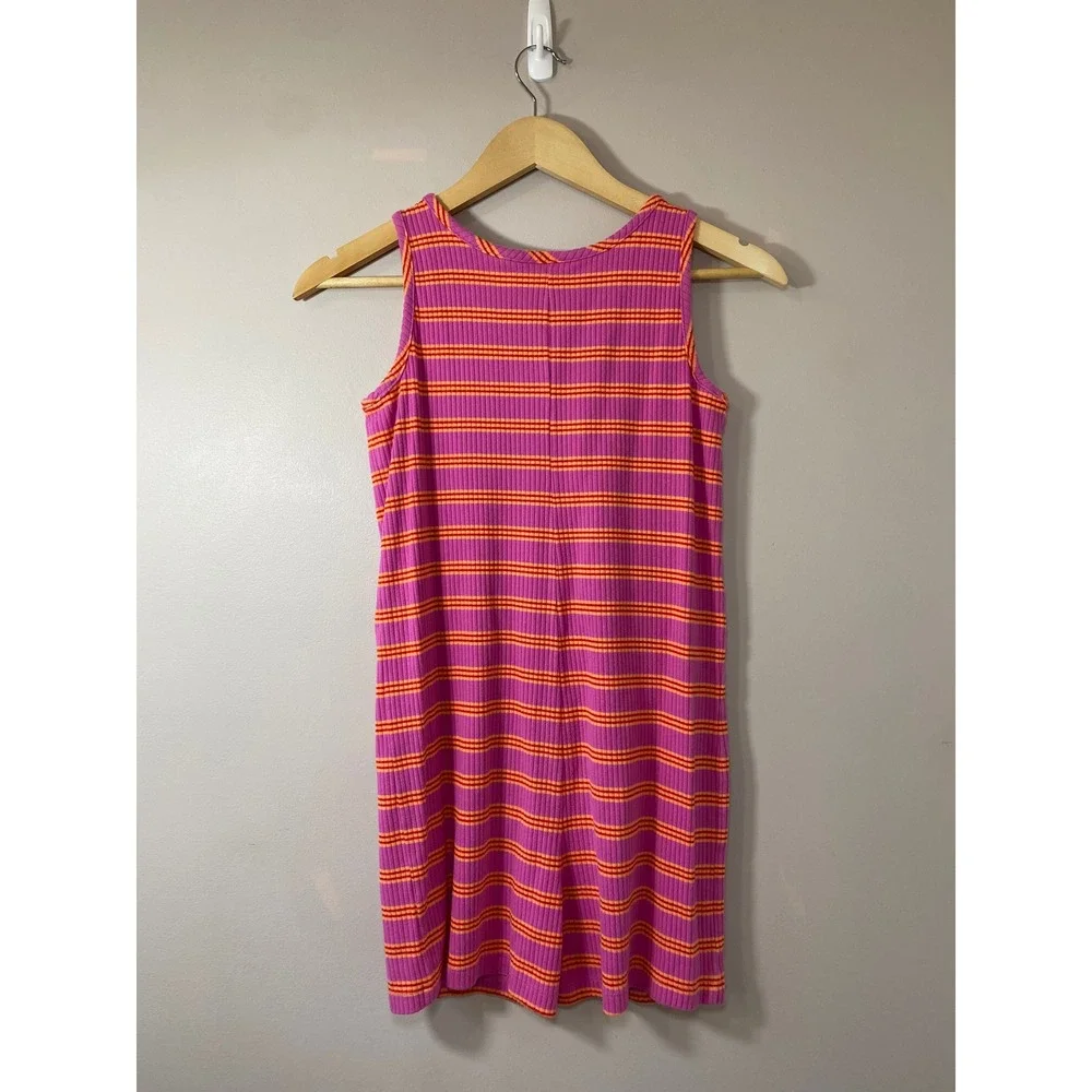 Hanna Andersson Girls Ribbed Striped Romper Jumpsuit Pink Orange Button Up Sz 12